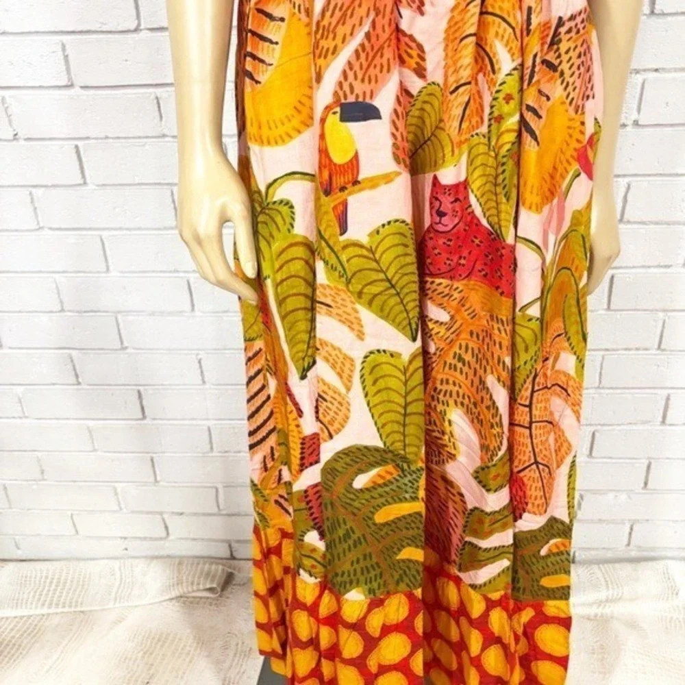 Farm Rio Summer Dream Ruffle Print Maxi Dress Red Yellow Green | Size Large - Picture 9 of 11